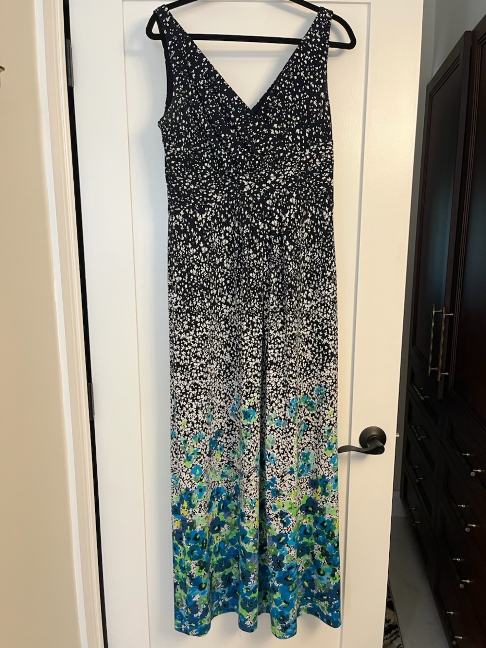 Chaps Black V-Neck Maxi Dress with Blue & Green Floral Hem